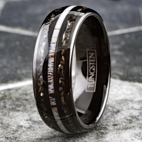 COOL POLISHED BLACK LOW DOME TUNGSTEN RING WITH WHITE SPECKLED ANTLER, BLACK - Picture 2 of 4